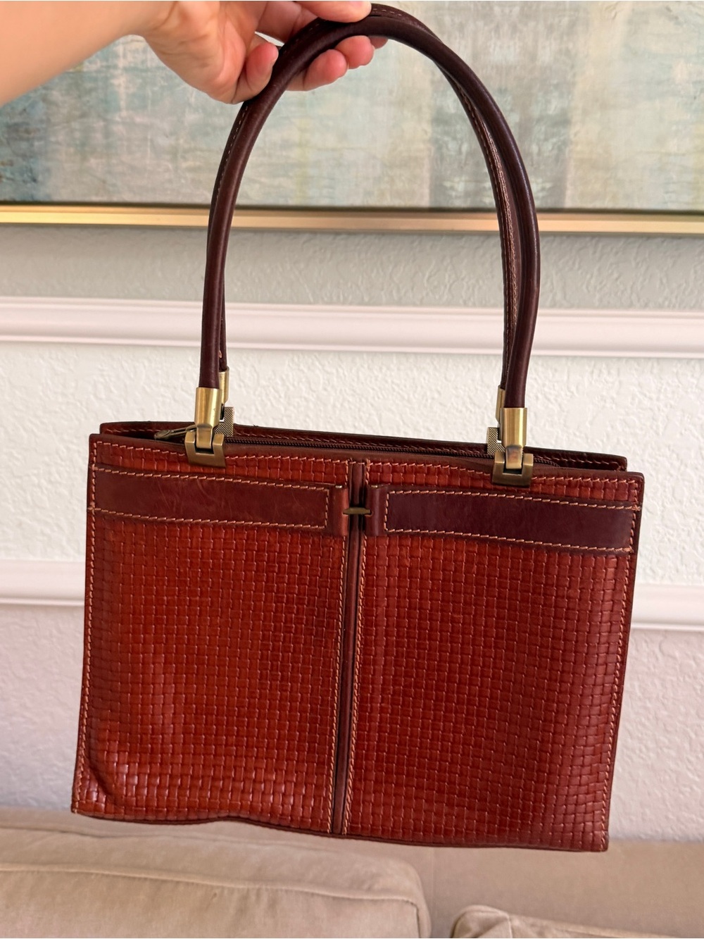Conte di Cavour Vintage Italian Woven Leather Satchel Bag | Vera Pelle Brown - Picture 12 of 13